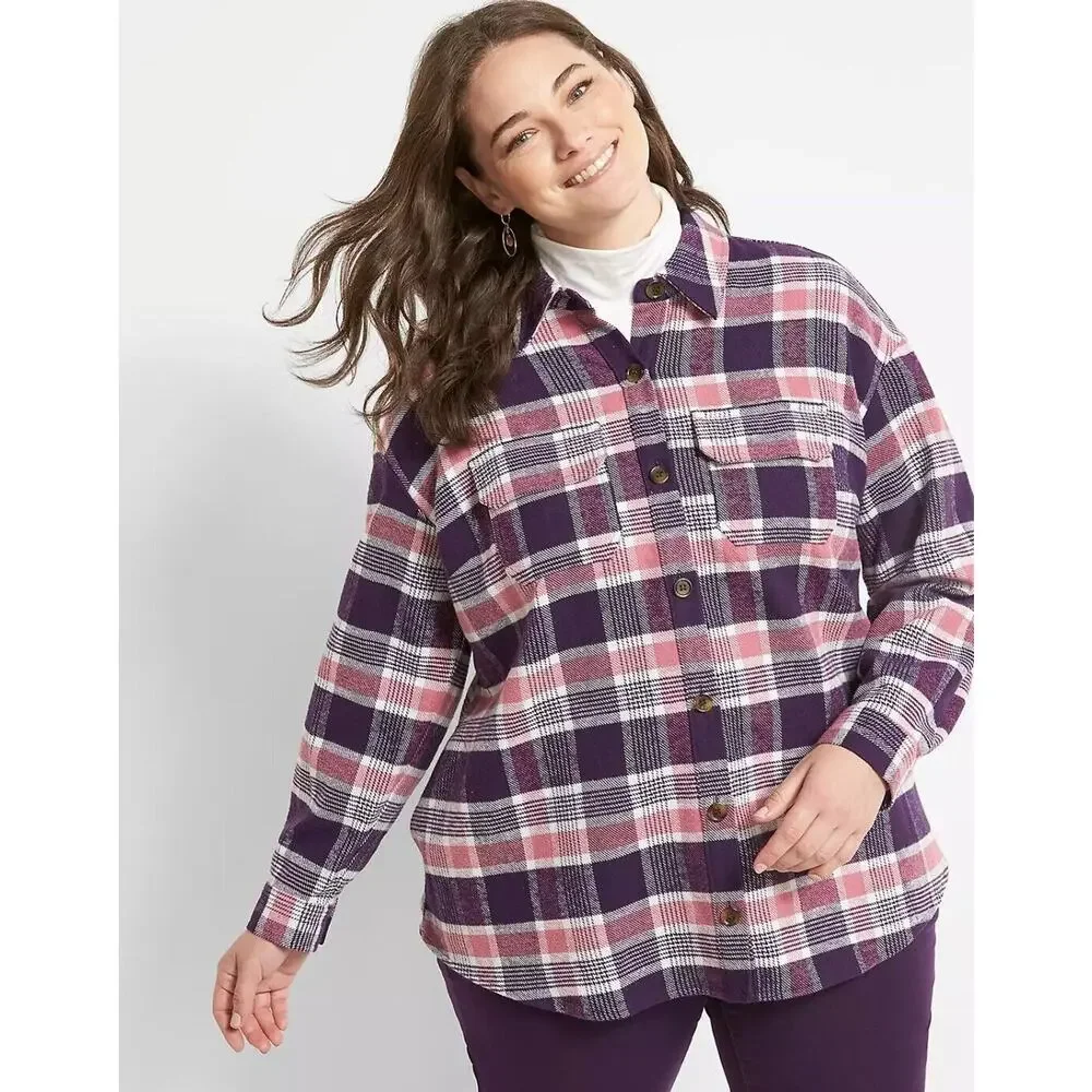 Lane Bryant Plaid Shacket‎ Plus Size 18/20 2X Pink Purple Button Front